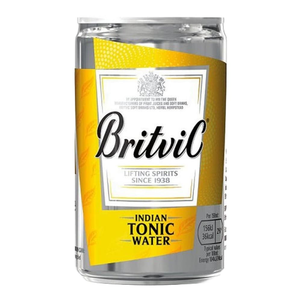 A silver and yellow aluminium can of Britvic Indian Tonic Water on a white background