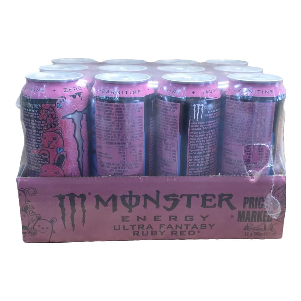 A cardboard display pack containing twelve pink cans of Monster Energy Ultra Fantasy Ruby Red drink with white tops, arranged in rows against a white background.