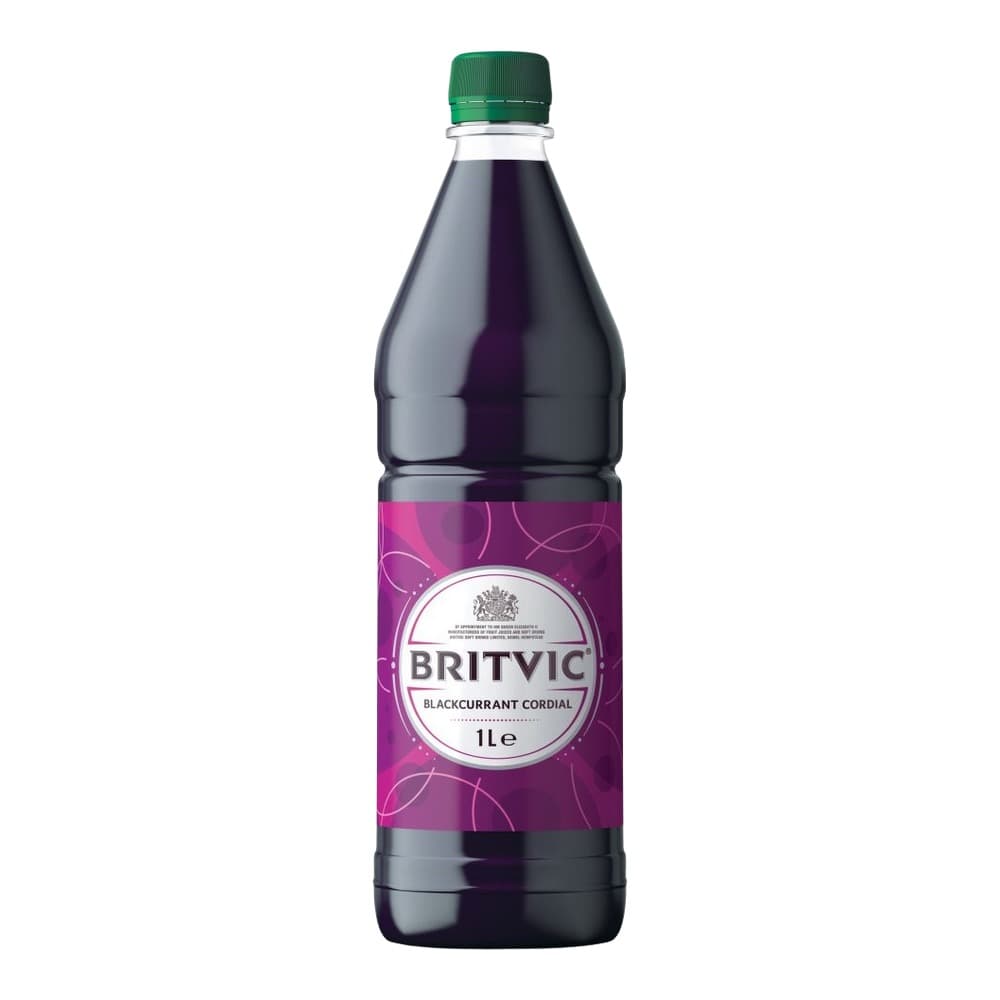 A 1 litre bottle of Britvic Blackcurrant Cordial with a green cap and purple label on a white background.