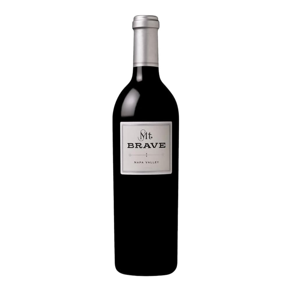 A bottle of Mt. Brave red wine from Napa Valley displayed against a plain white background.