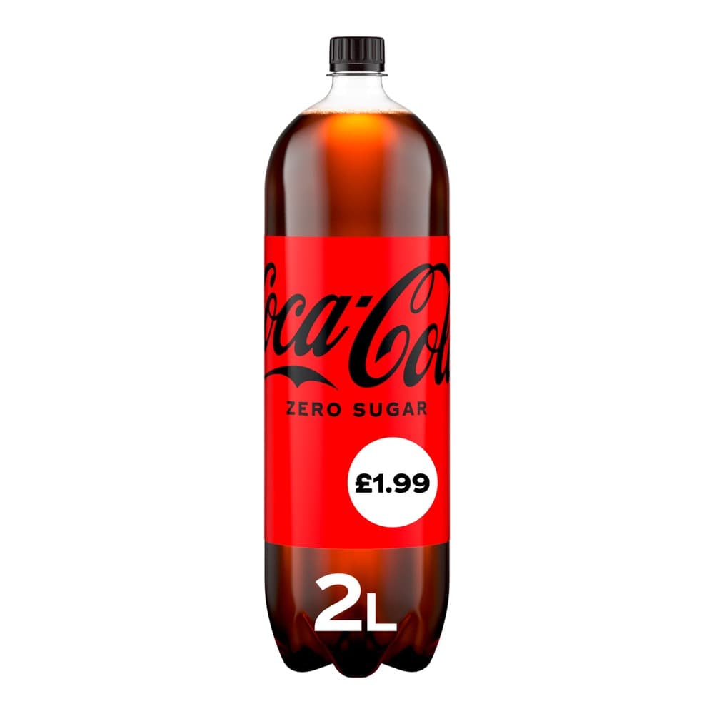 A 2-litre bottle of Coca-Cola Zero Sugar with red label on white background, priced at £1.99