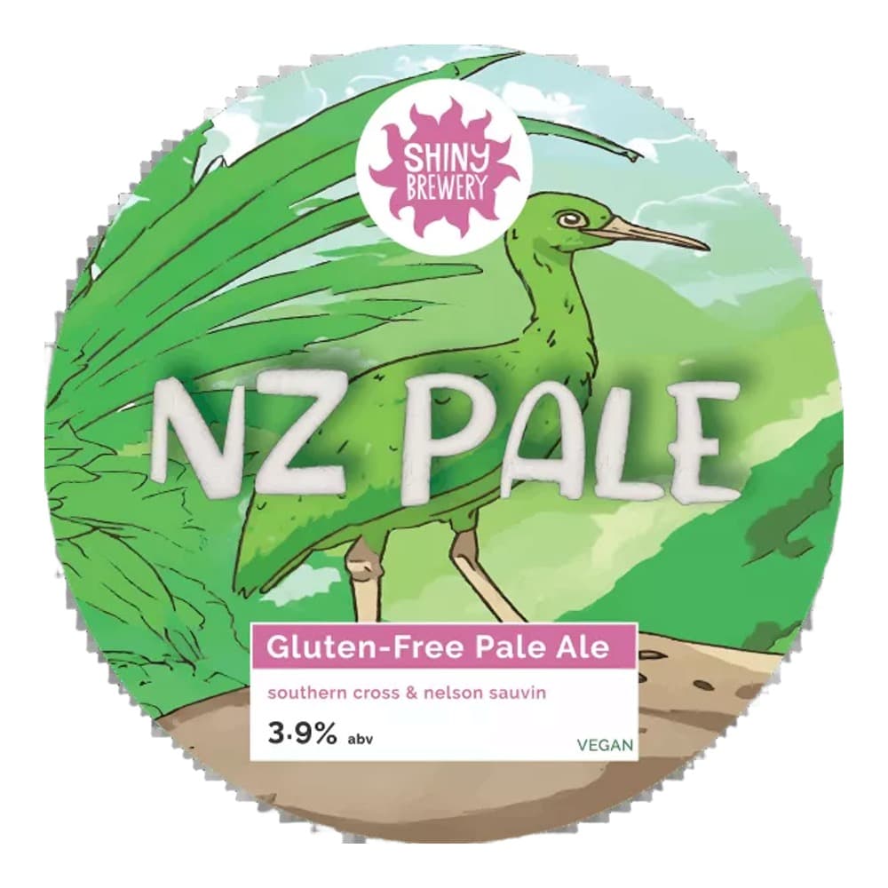 Circular beer label for NZ Pale gluten-free pale ale by Shiny Brewery, featuring a green heron illustration, pink and white text on a scenic green background