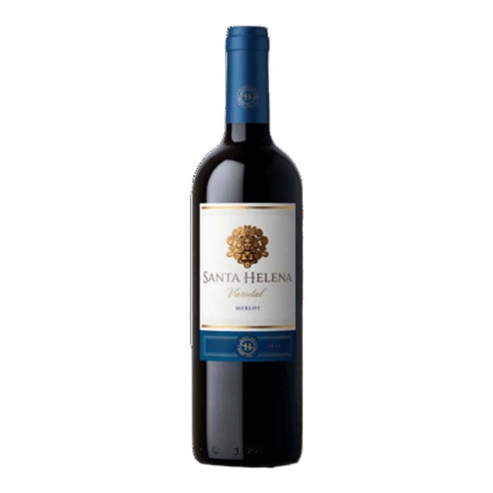 A bottle of Santa Helena Merlot wine with a blue foil capsule and white label featuring a gold tree emblem, photographed against a plain white background.