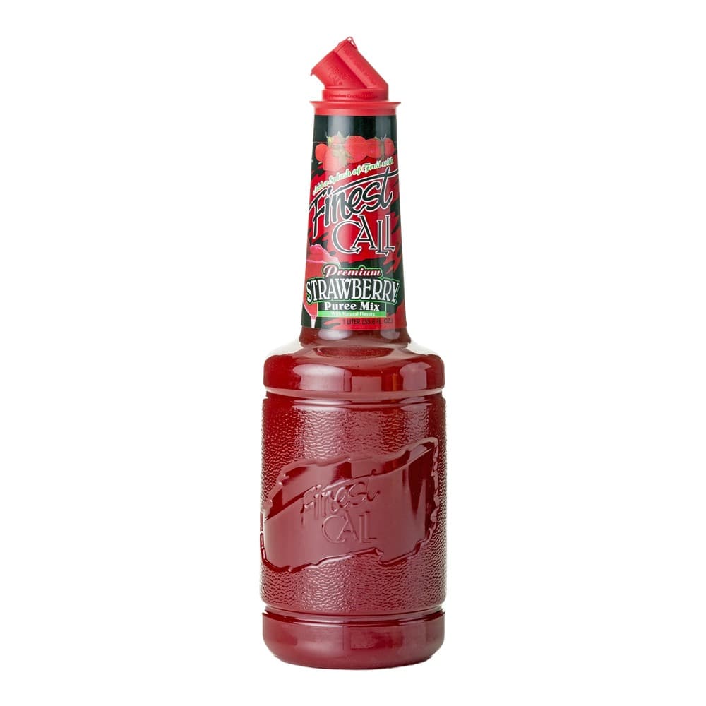 A 1-litre bottle of Finest Call Premium Strawberry Puree Mix with red liquid and red plastic pour spout, displayed against a plain white background.