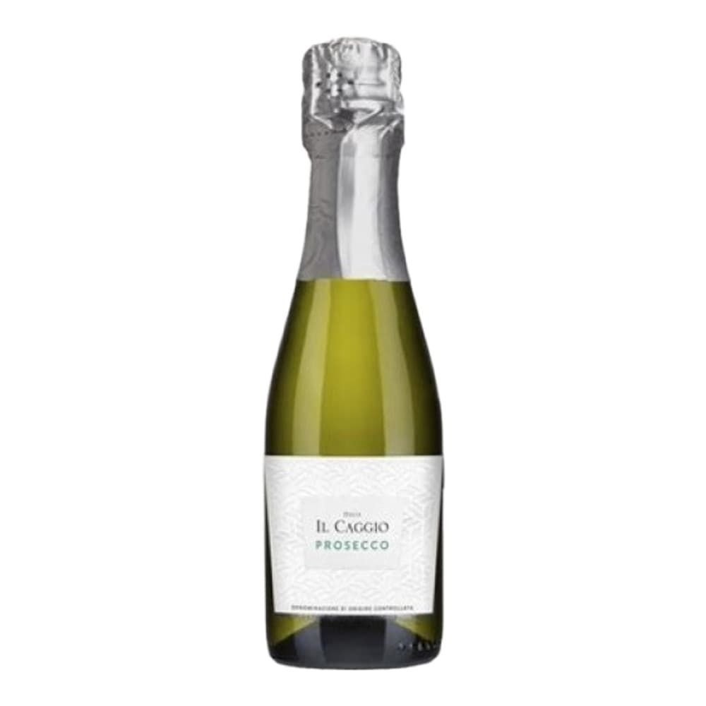 A bottle of Il Caggio Prosecco sparkling wine with a white label, displayed against a plain white background.