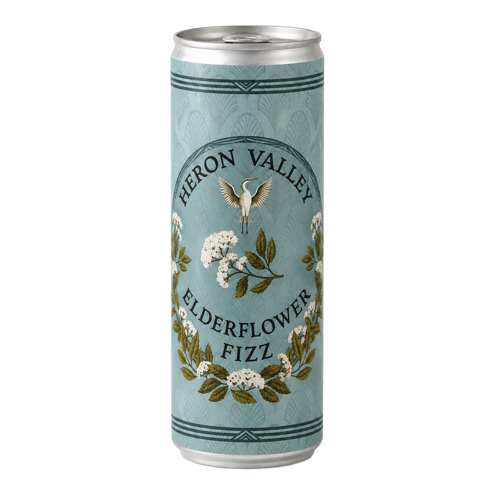 A slim metallic can of Heron Valley Elderflower Fizz beverage featuring a pale blue label with botanical illustrations of white elderflowers, golden heron bird, and decorative foliage.