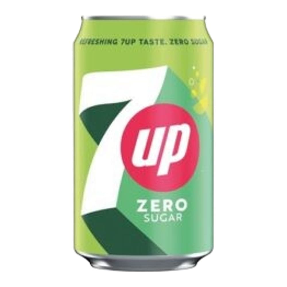 A 330ml aluminium can of 7UP Zero Sugar lemon lime flavoured soft drink on a white background featuring the distinctive green and white branding with pink circular logo.