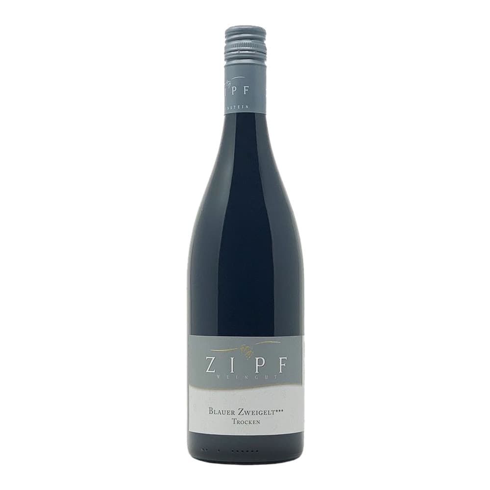A bottle of Zipf Blauer Zweigelt Trocken red wine with grey and white label on a plain white background