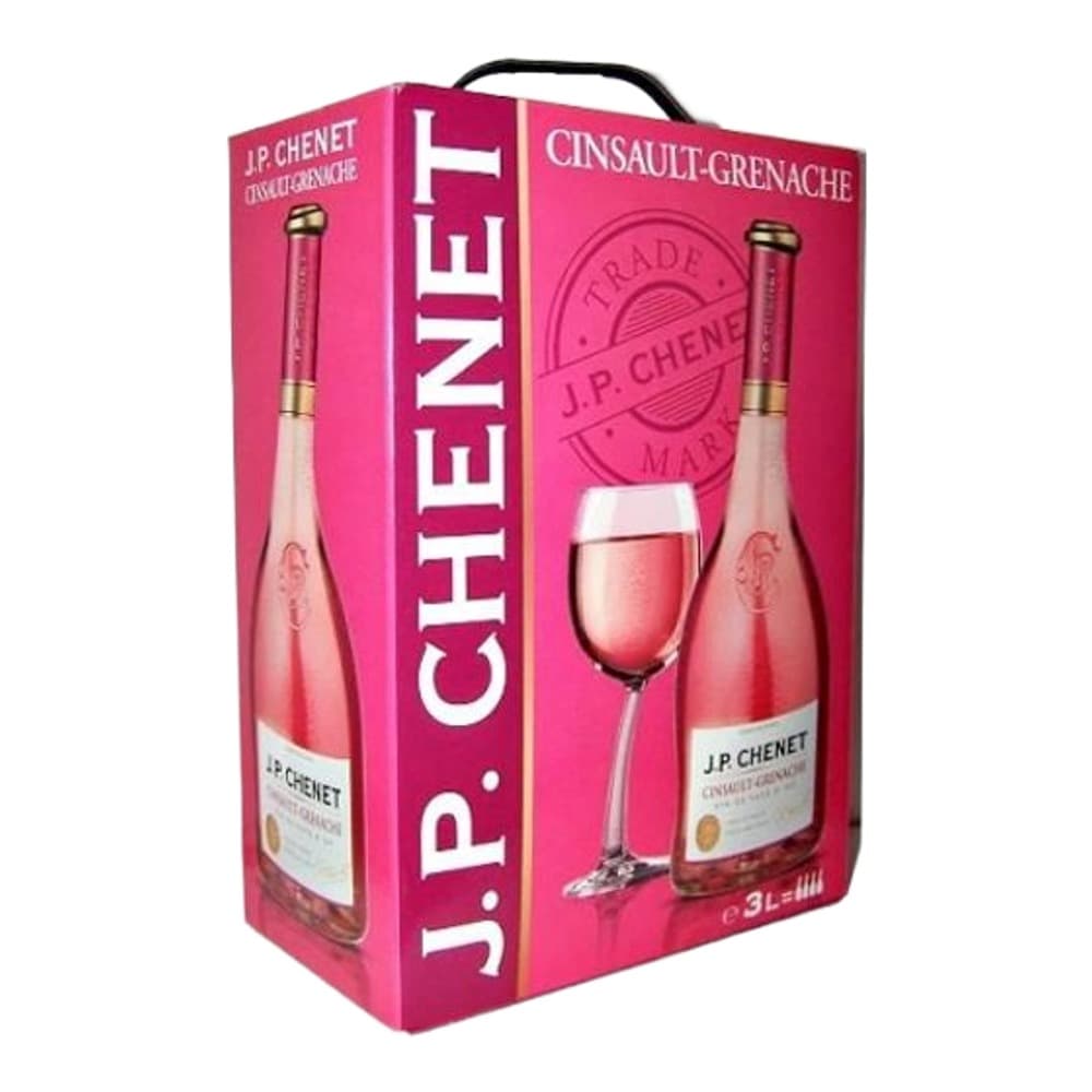 A bright pink 3-litre bag-in-box wine container showing J.P. Chenet Cinsault-Grenache rosé wine with two bottles and a filled wine glass displayed on the packaging