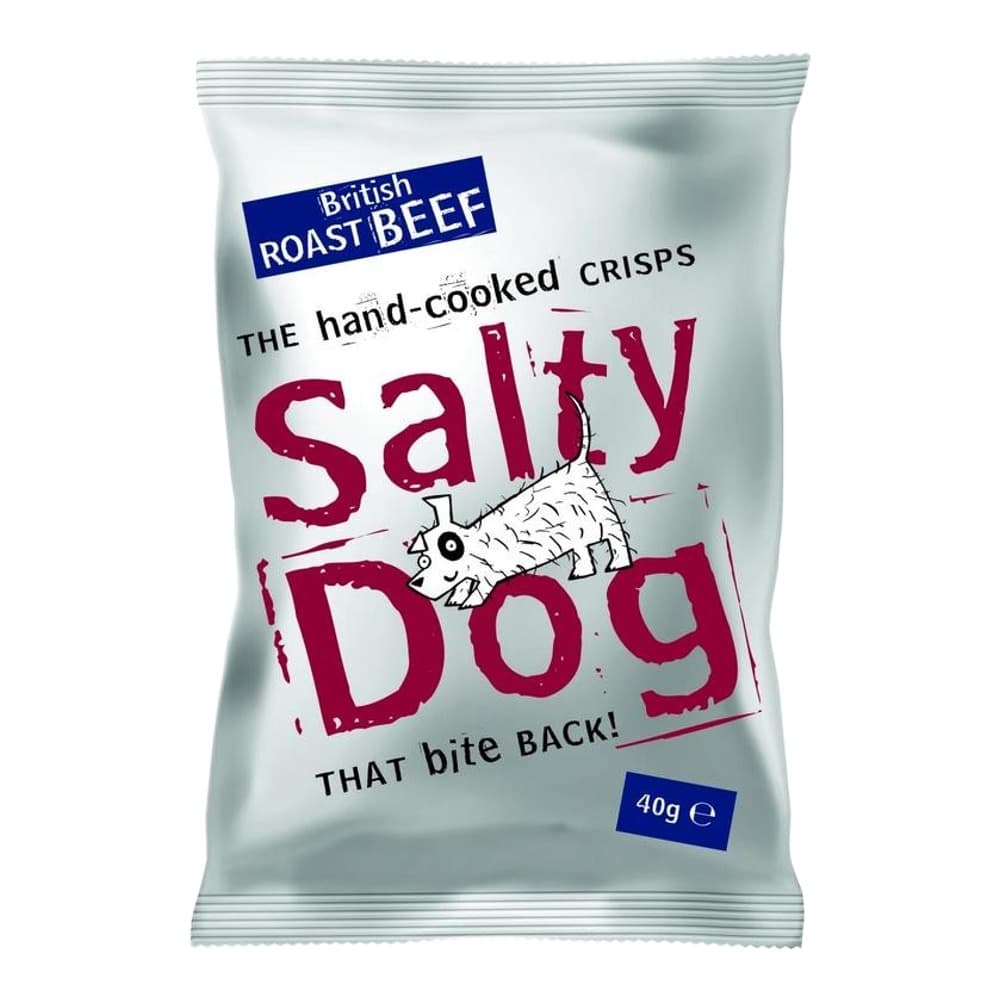 A packet of Salty Dog brand crisps featuring British roast beef flavour with hand-cooked crisps and the tagline 'that bite back', 40g package on white background
