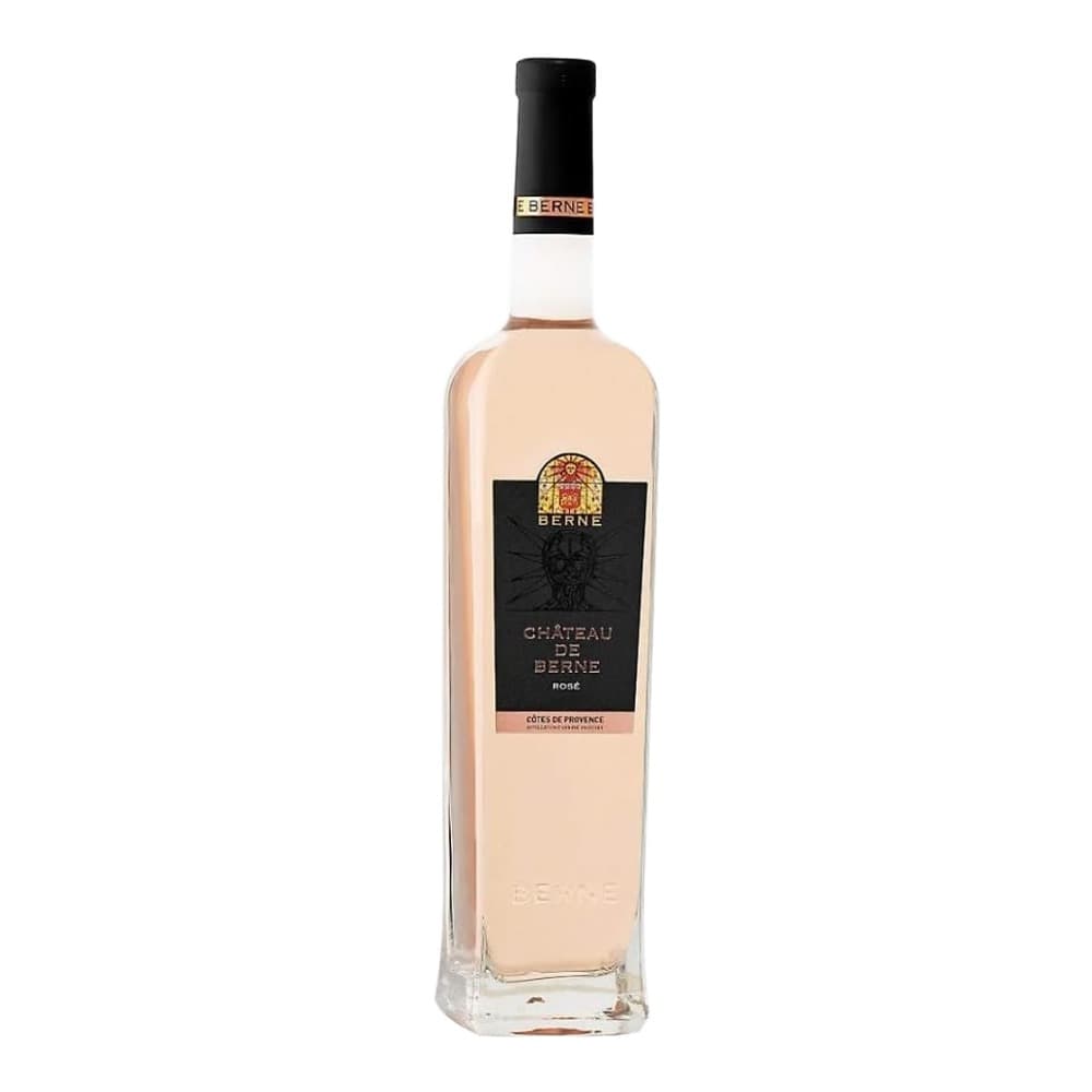 A bottle of Château de Berne rosé wine from Côtes de Provence against a white background with black foil capsule and label.
