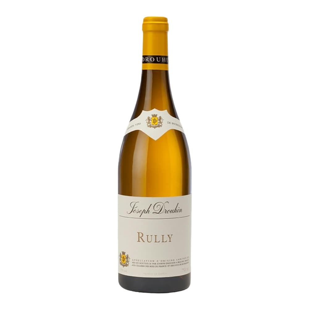 A bottle of Joseph Drouhin Rully white wine with a gold foil cap and cream-coloured label on a white background.