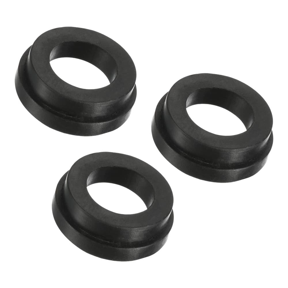 Three black rubber grommets isolated on a white background, showing ring-shaped protective components with flanged bases.