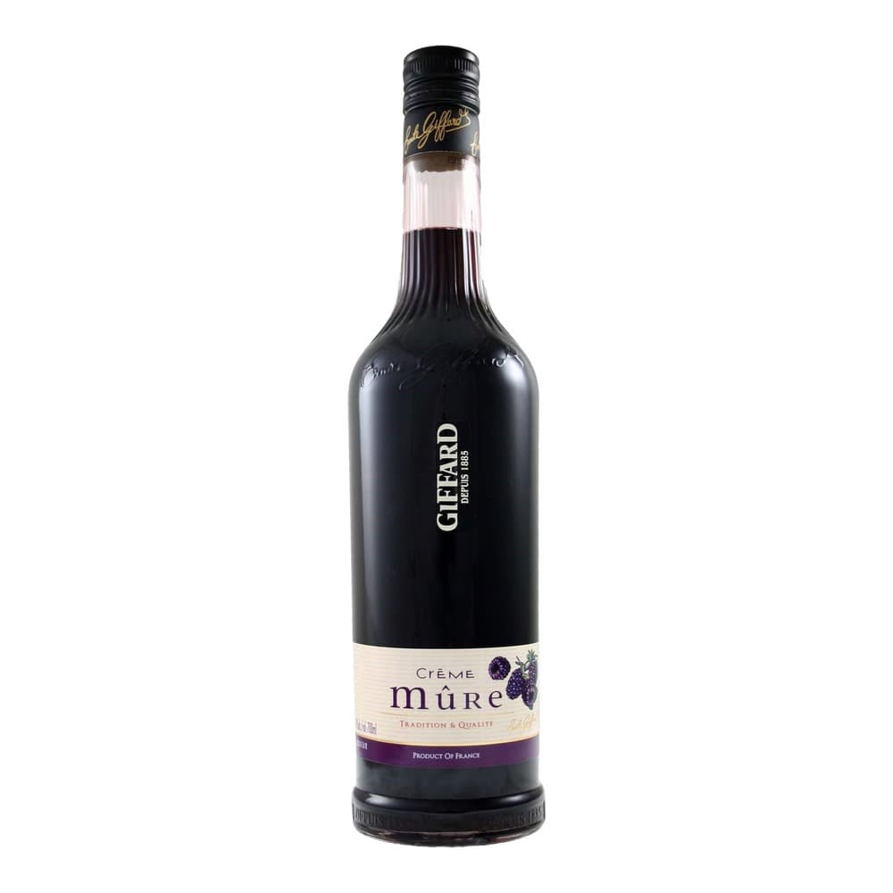 A bottle of Gilford Crème de Mûre blackberry liqueur against a white background, featuring a black label with gold accents and cream-coloured lower label with purple berry imagery.