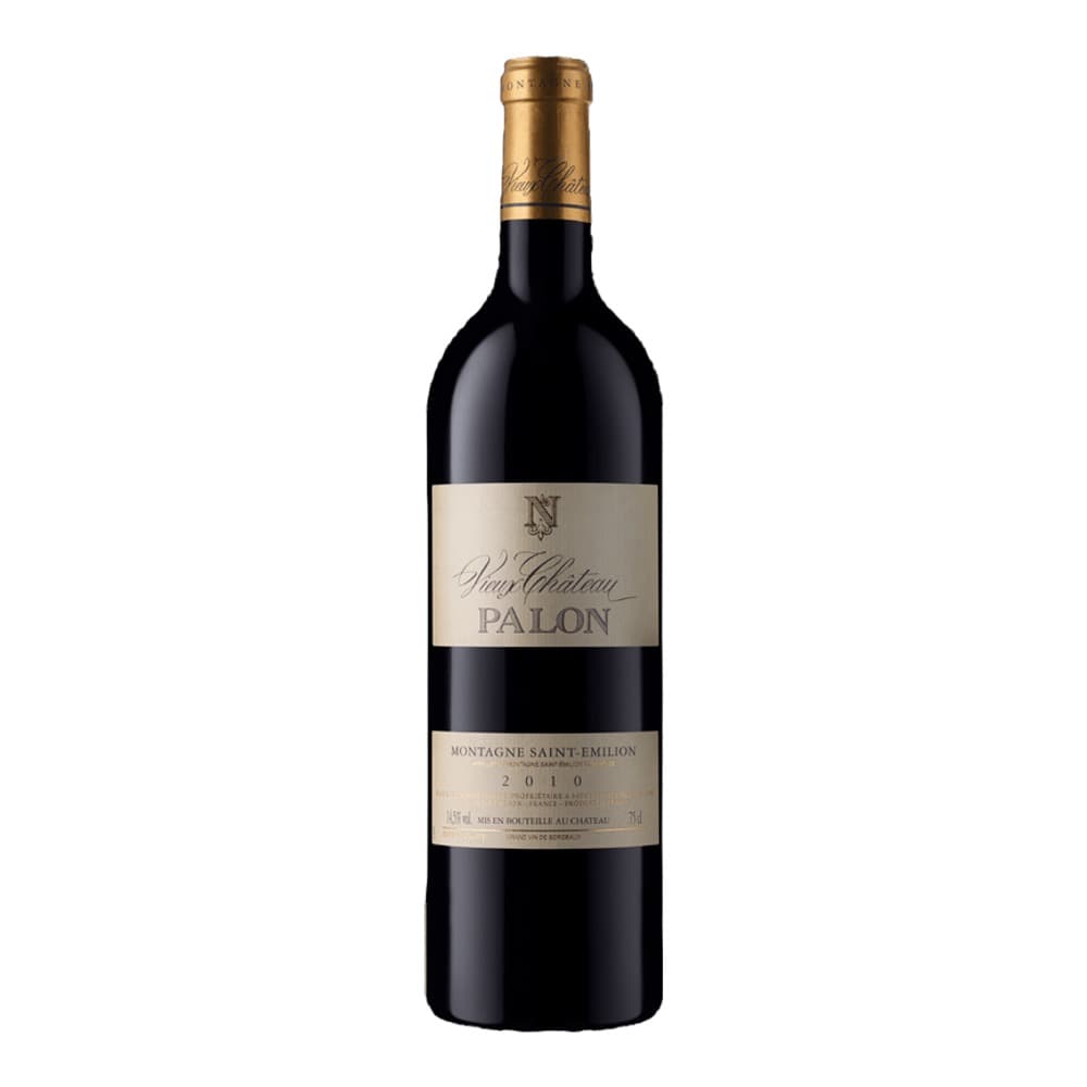 A bottle of Montagne Saint-Emilion red wine with a gold foil capsule and cream-coloured label featuring the Pichon Palon branding, vintage 2010.