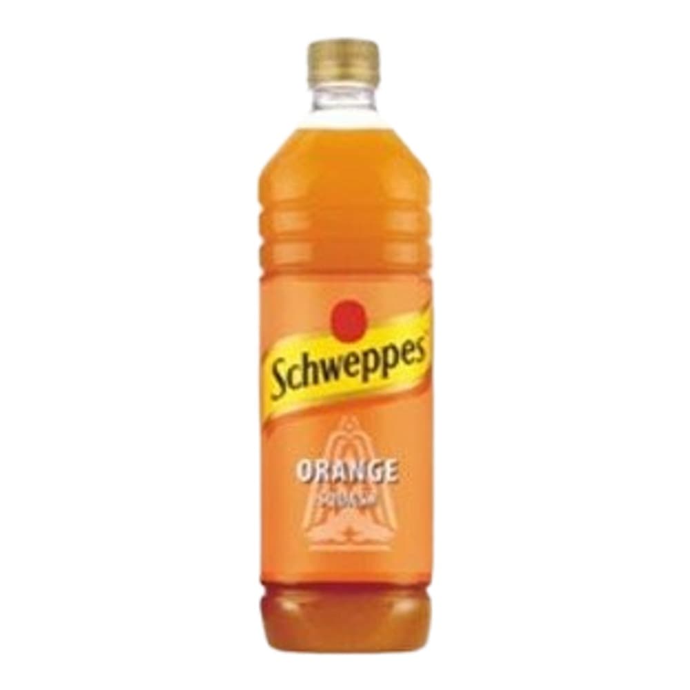A 1-litre plastic bottle of Schweppes Orange squash concentrate with a gold cap, displayed against a white background.