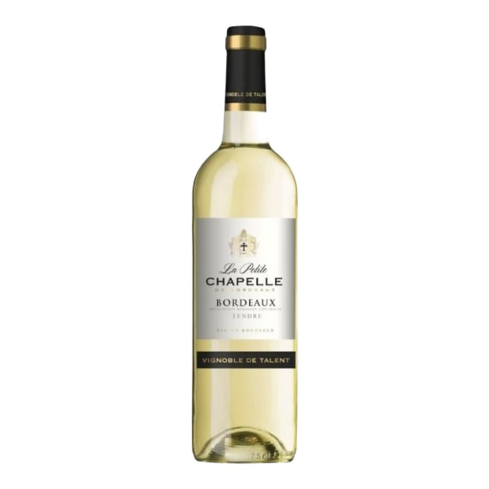 A bottle of La Petite Chapelle Bordeaux white wine with a black and gold capsule, displayed against a white background.