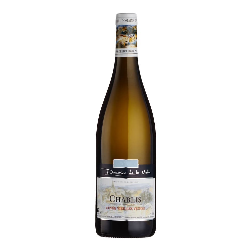 A bottle of Domaine de la Motte Chablis Cuvée Vieilles Vignes white wine isolated on a white background, showing the label and pale golden liquid.