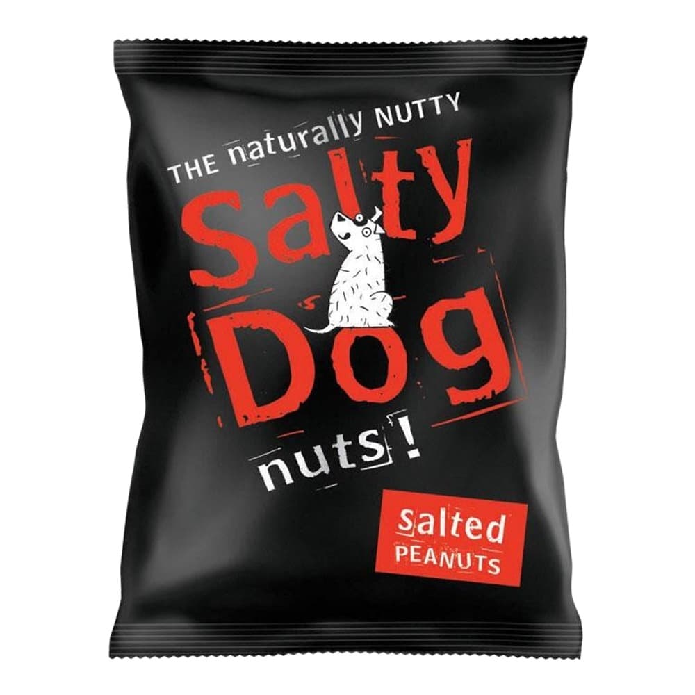 Black packet of Salty Dog salted peanuts with red and white branding featuring a dog illustration