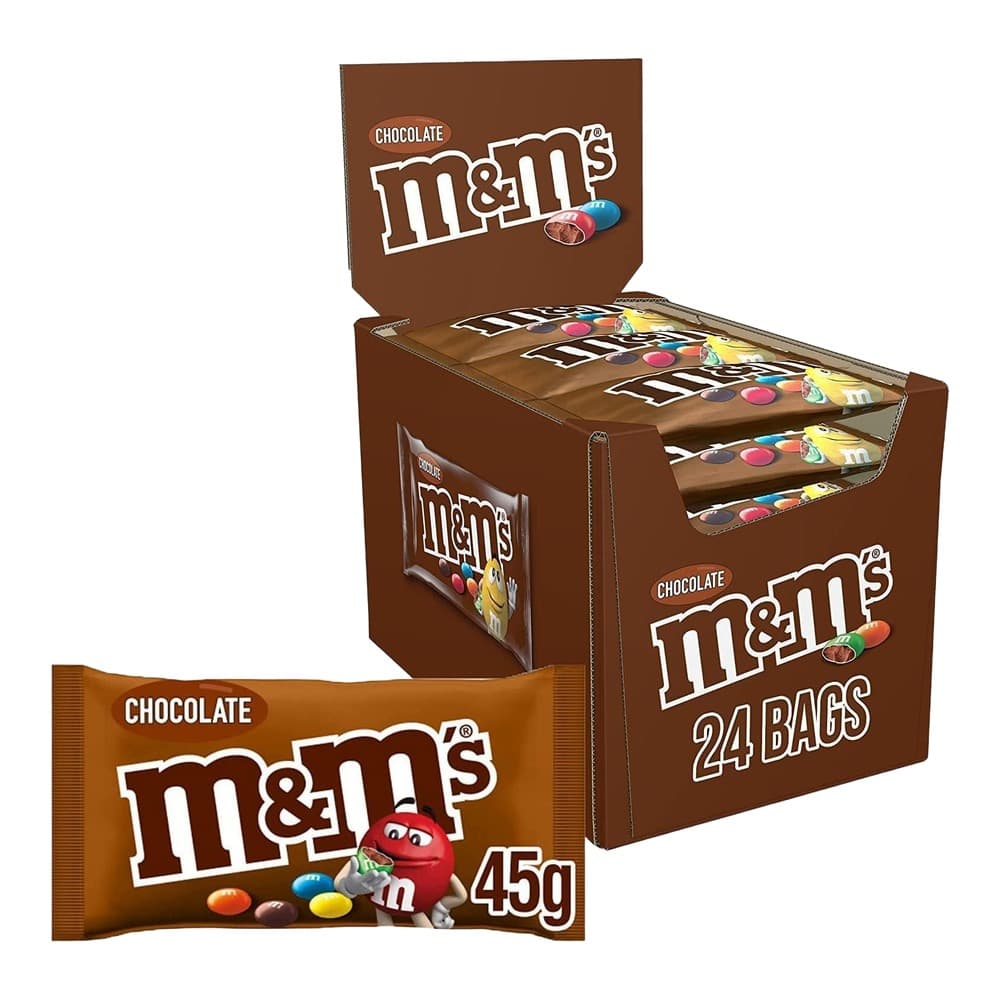 Chocolate M&M's branded retail display box containing 24 bags alongside a single 45g chocolate candy pack on white background