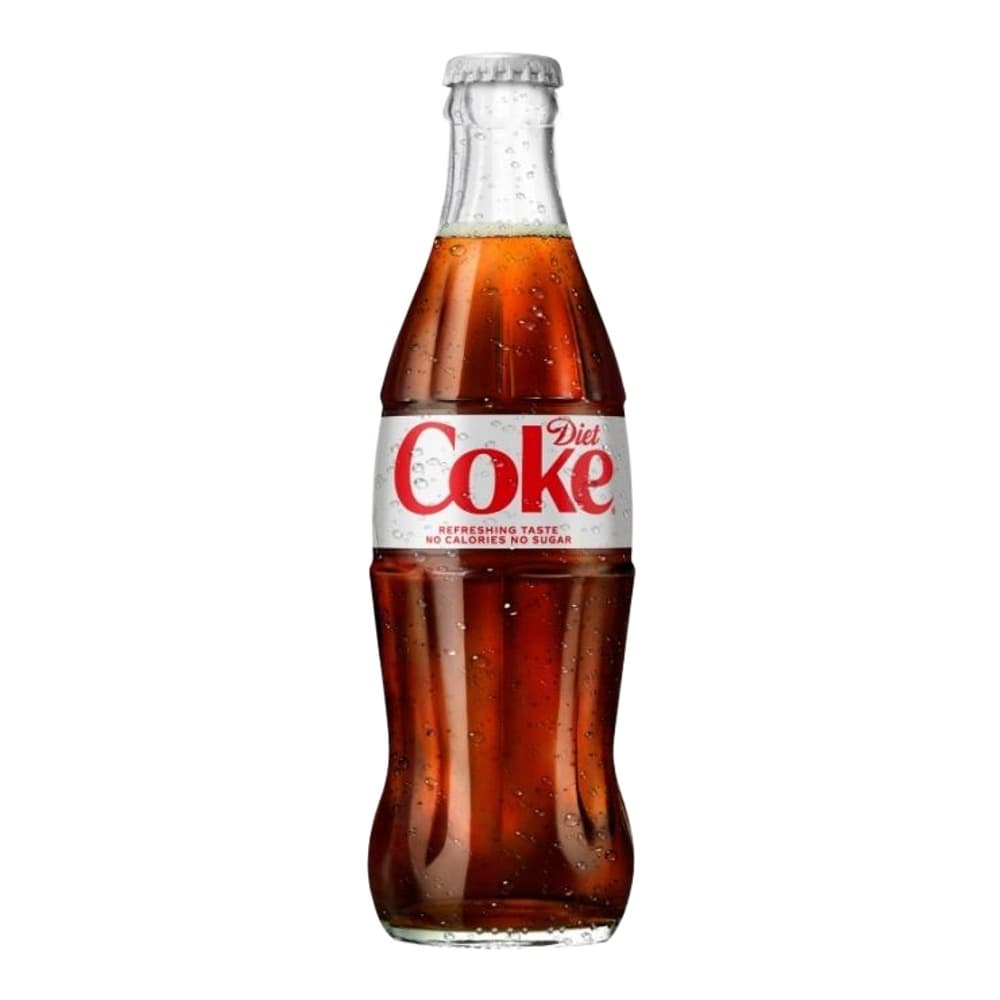 A glass bottle of Diet Coke with condensation on its surface, displayed against a plain white background.