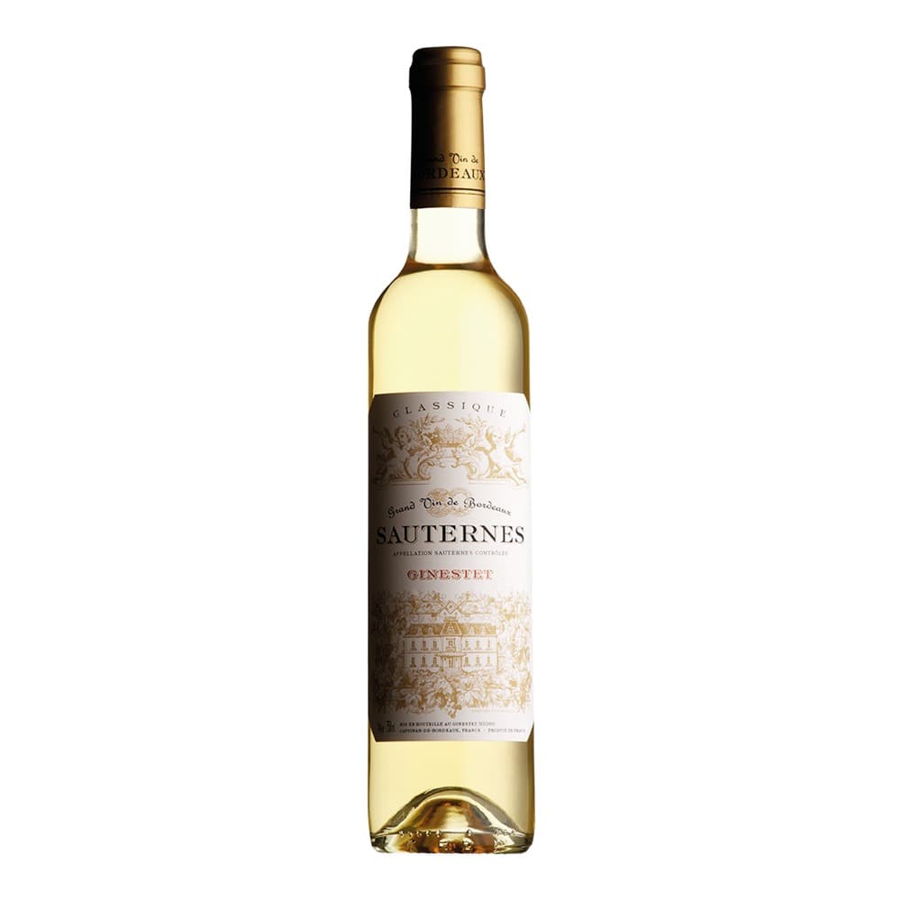 A bottle of Ginestet Sauternes Classique white wine with gold foil cap and decorative label on a white background.