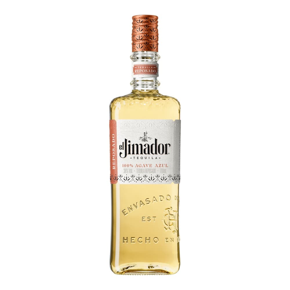 A bottle of El Jimador Reposado Tequila with a copper filigree cap and ornate label, displayed against a white background.