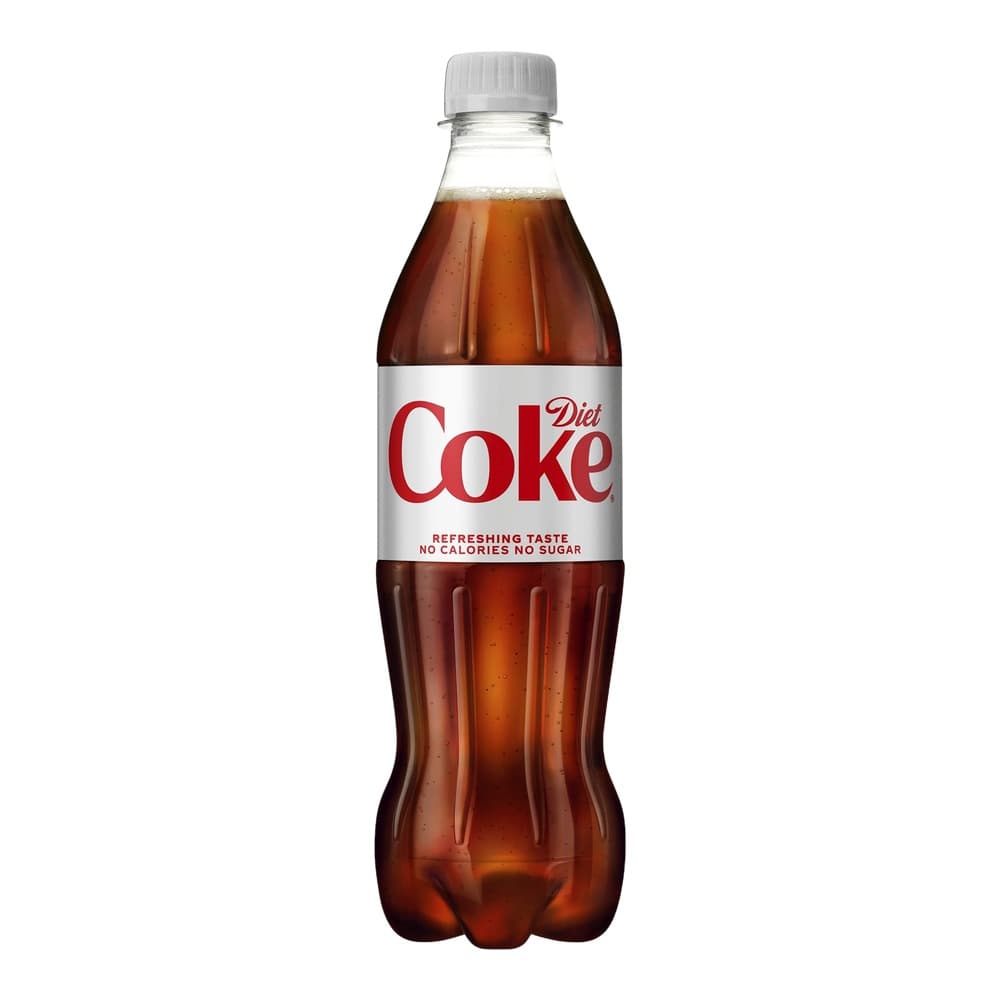 A plastic bottle of Diet Coke with a white screw cap and red label on a plain white background.