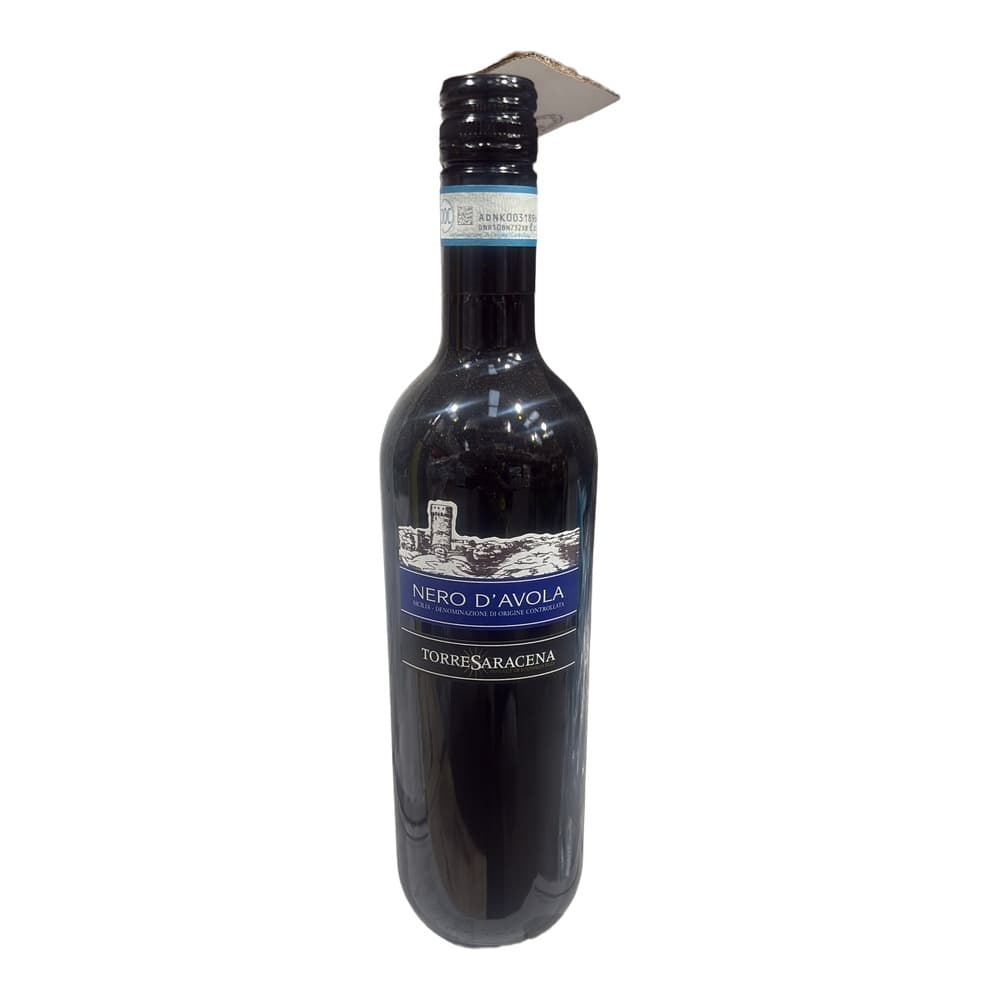 A bottle of Nero d'Avola Torresaracena red wine displayed on white packaging against a blurred background.