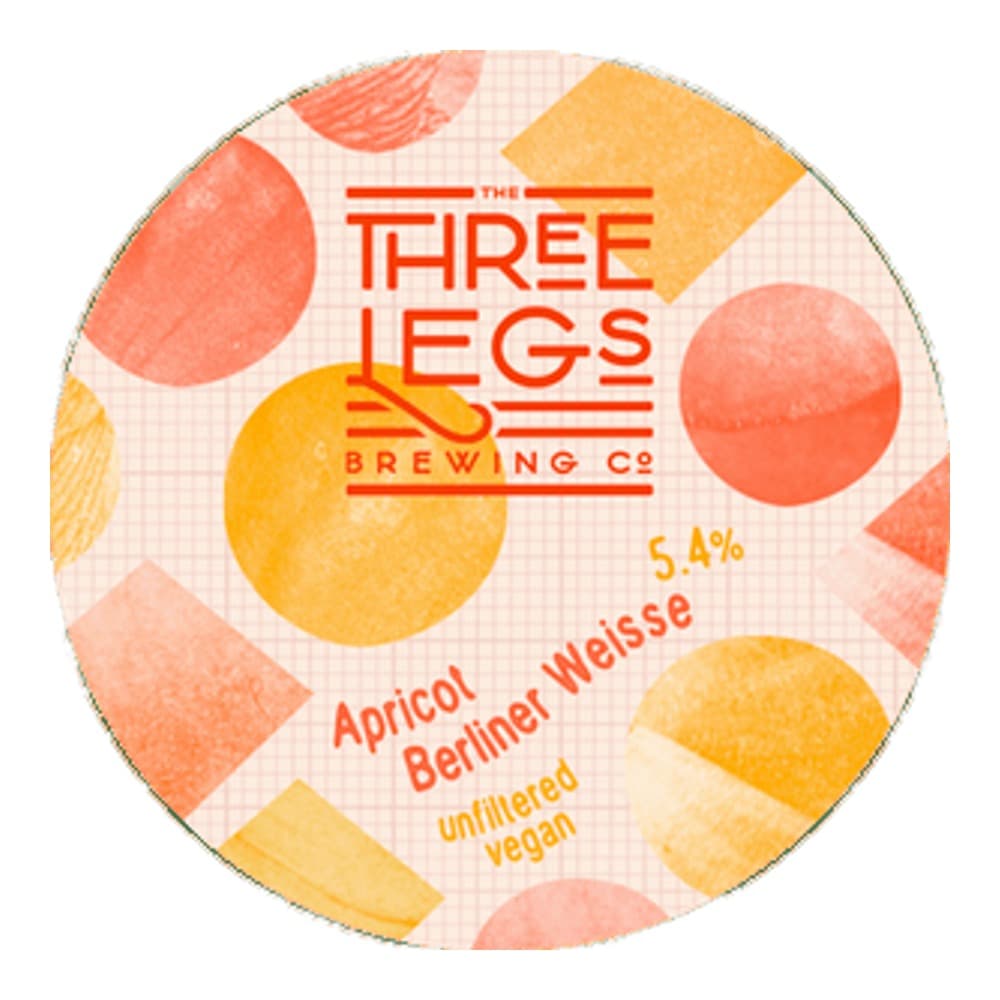 Circular beer label for Three Legs Brewing Co Apricot Berliner Weisse with orange and yellow decorative fruit illustrations on a light checkered background