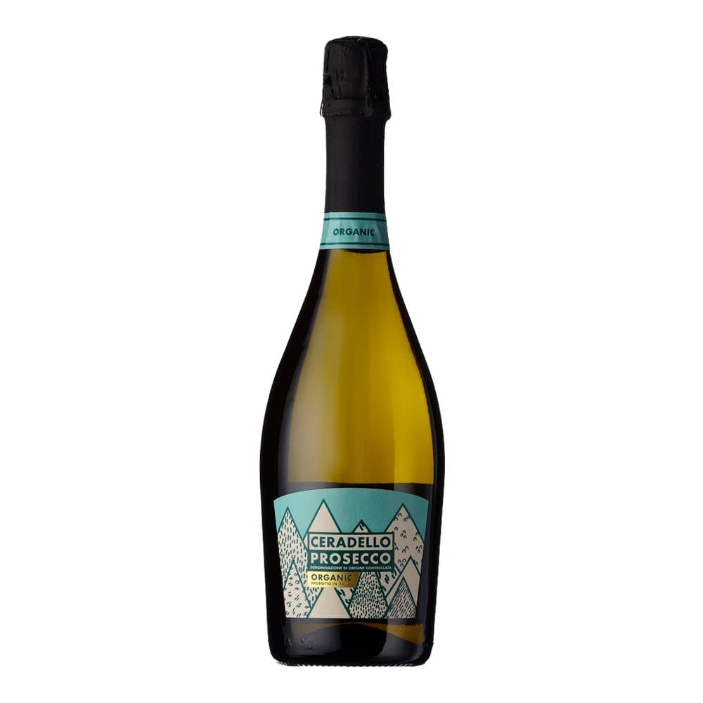 A bottle of Ceradello Prosecco organic sparkling wine with turquoise and cream label featuring mountain design, isolated on white background.