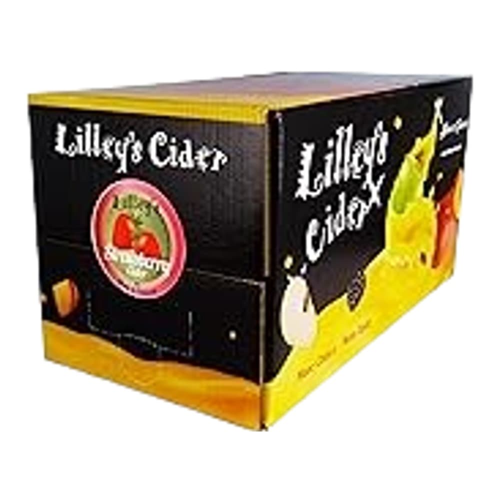 A cardboard packaging box for Lilley's Cider displayed against a plain white background, featuring the brand's circular logo and yellow branding stripe.