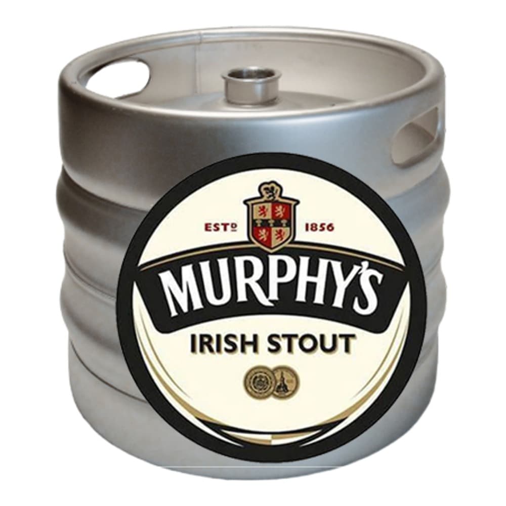 A silver metal keg with a Murphy's Irish Stout label featuring a cream and black circular badge on a white background