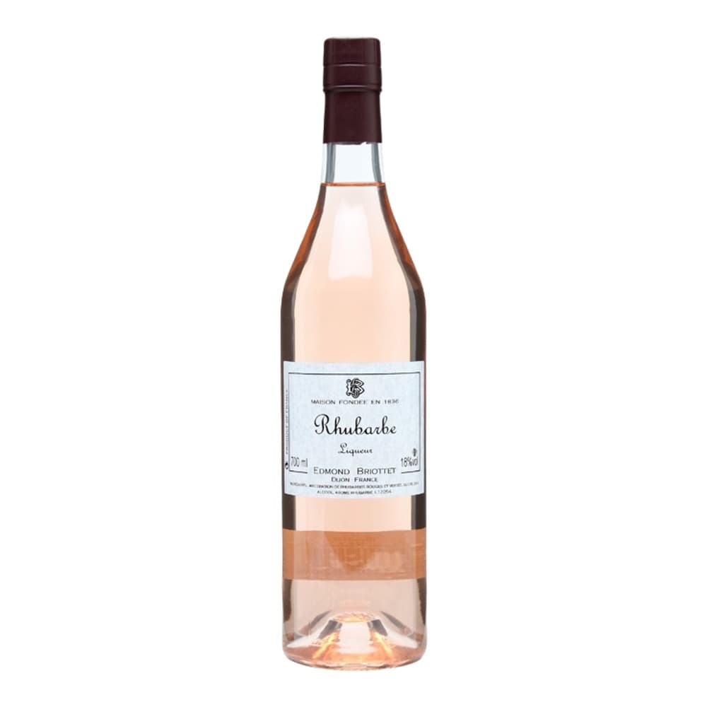A bottle of Rhubarbe liqueur with pale pink liquid, dark burgundy cap, and white label on a plain white background.