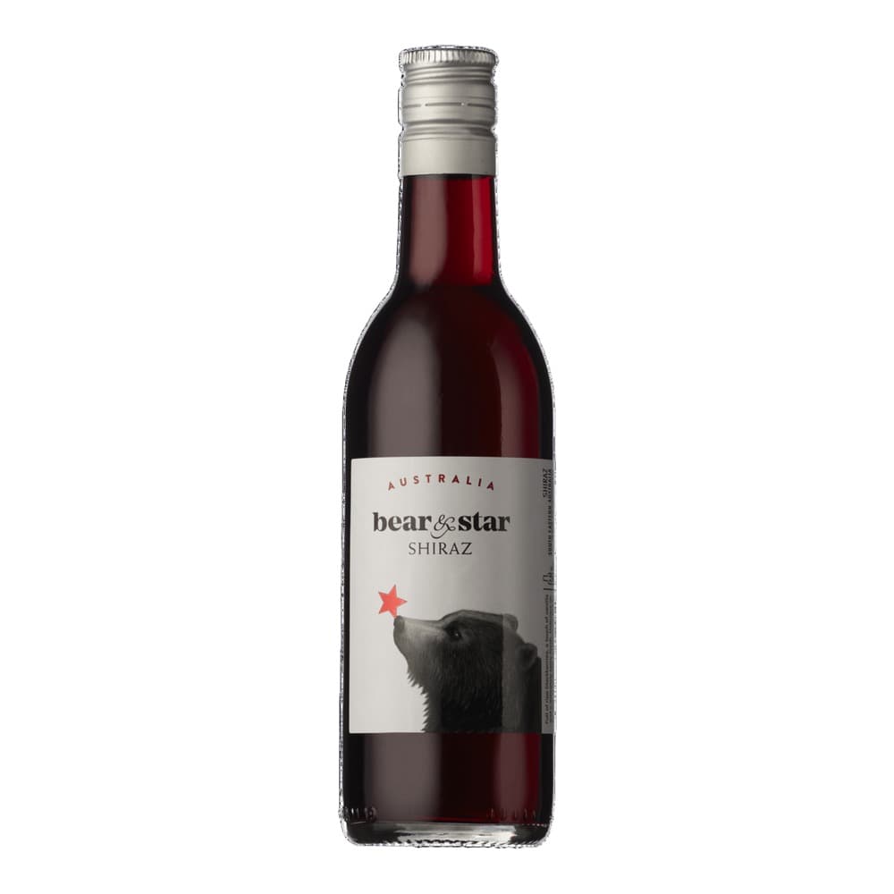 A bottle of Bear & Star Shiraz red wine from Australia with a silver screw cap, featuring a black bear and red star on the label, photographed against a white background.