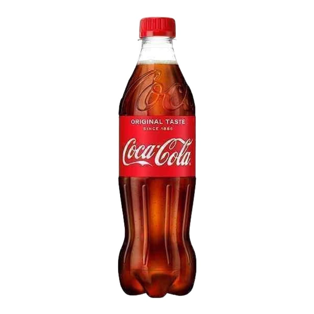 A bottle of Coca-Cola Original Taste with red cap and label on a white background, displaying the classic contoured bottle shape filled with dark cola liquid.