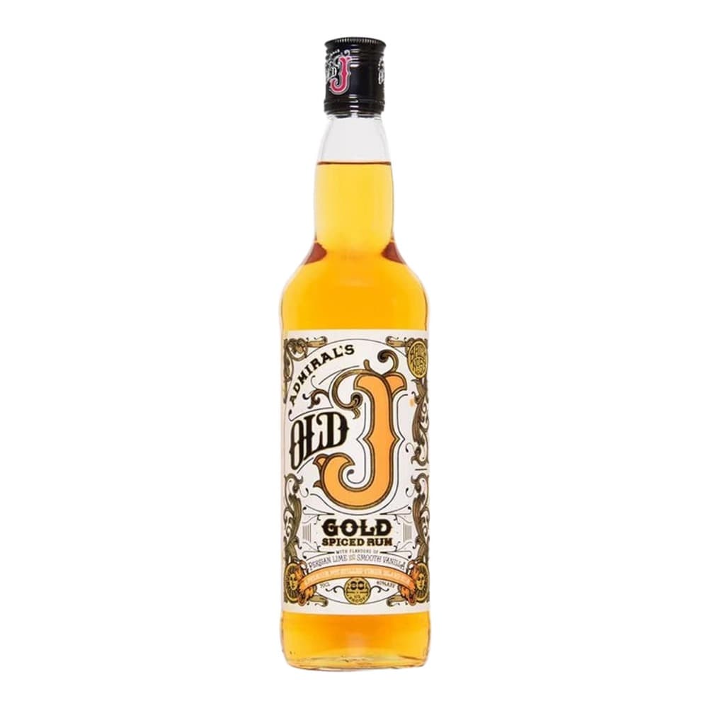 A bottle of Old 3 Gold Spiced Rum with ornate golden label and black cap against a white background.