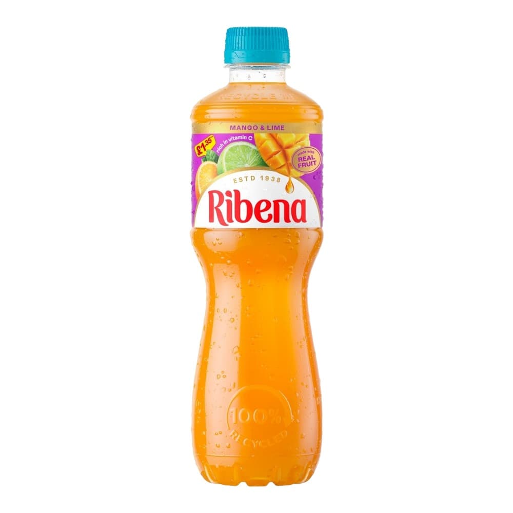 A plastic bottle of Ribena Mango & Lime fruit juice with a bright turquoise cap, displayed against a white background. The label features mango and lime imagery with the Ribena branding.