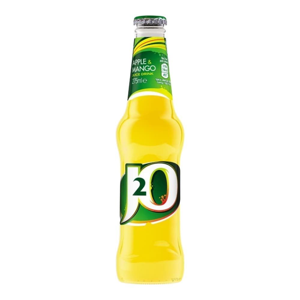 A 275ml bottle of J20 Apple & Mango juice drink with green label and metal cap, filled with bright yellow liquid, isolated on a white background.