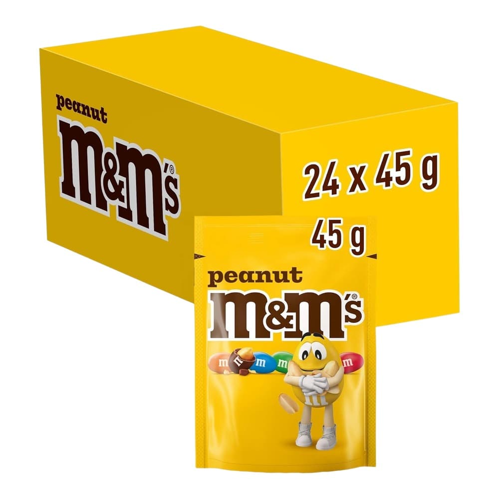 A yellow cardboard box of Peanut M&Ms showing 24 x 45g packets, with one individual packet displayed in front featuring the iconic M&Ms character mascot.