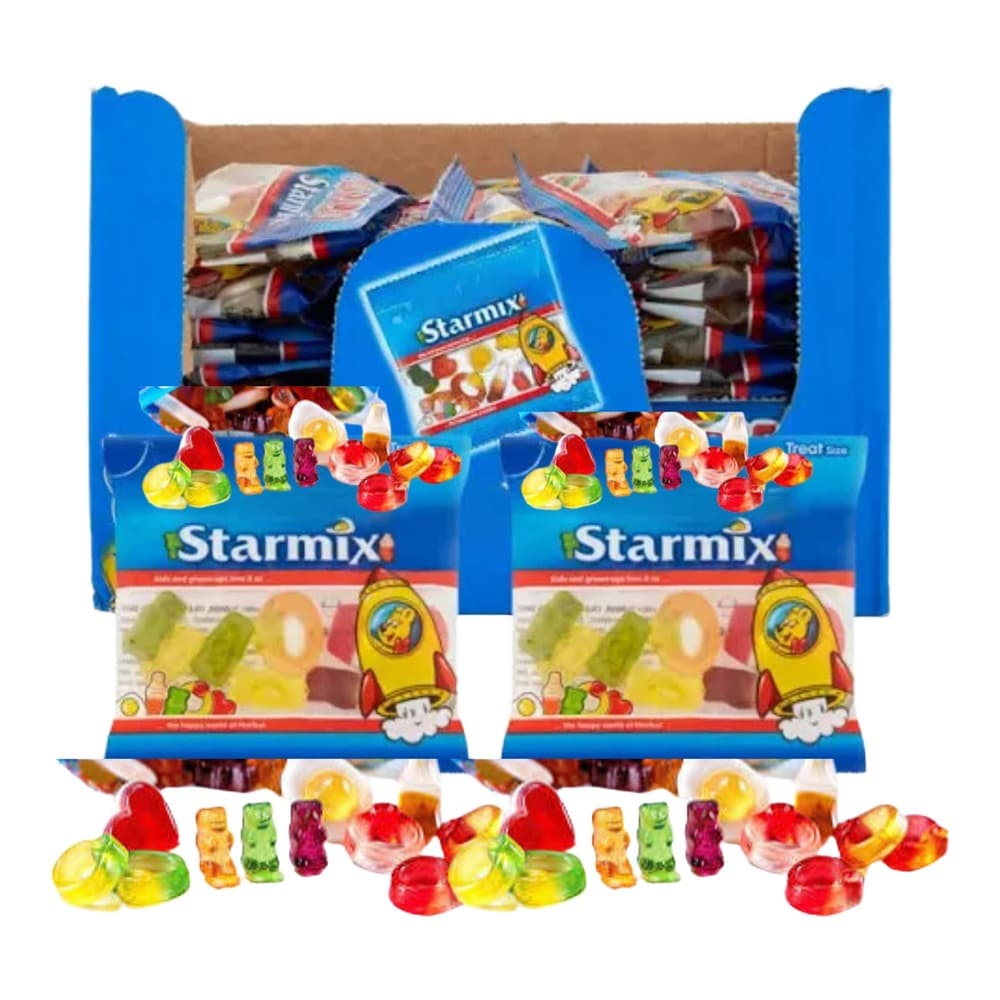 Starmix branded sweets packaging and individual product sachets displayed with colourful gummy candies on a white background