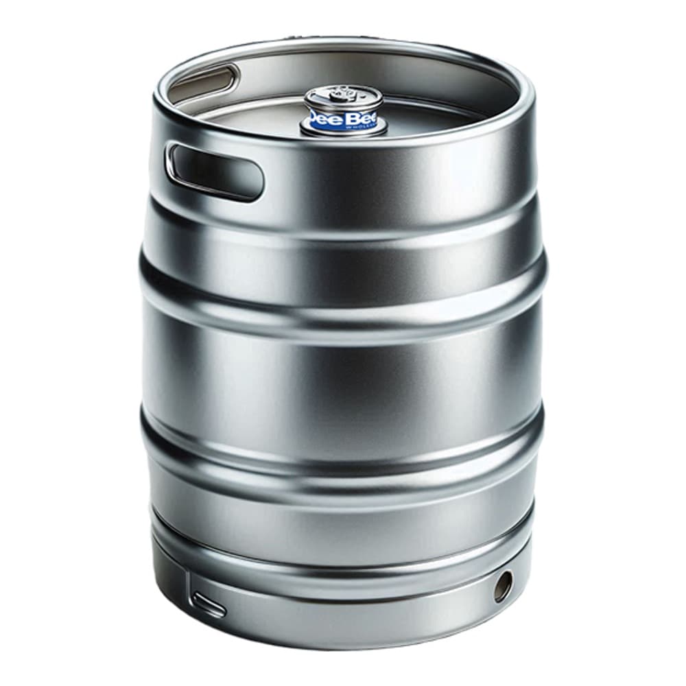 A silver stainless steel beer keg with carry handles, tap valve, and pressure release vent on a plain white background.