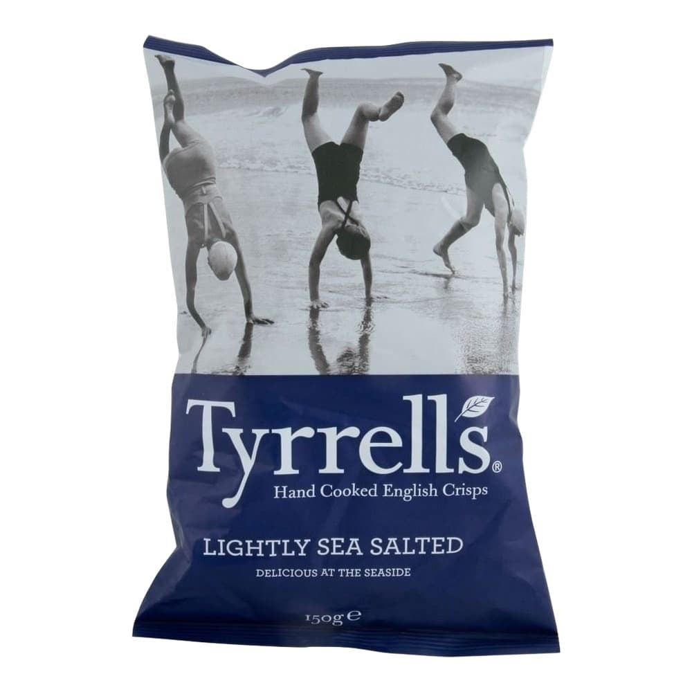 A bag of Tyrrells brand hand cooked English crisps with lightly sea salted flavour, featuring a black and white photograph of children doing handstands on a beach.