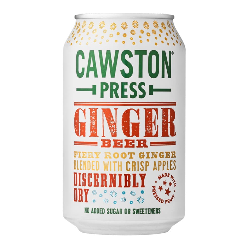 A white aluminium can of Cawston Press Ginger Beer featuring green and red text on a white background, isolated against white.