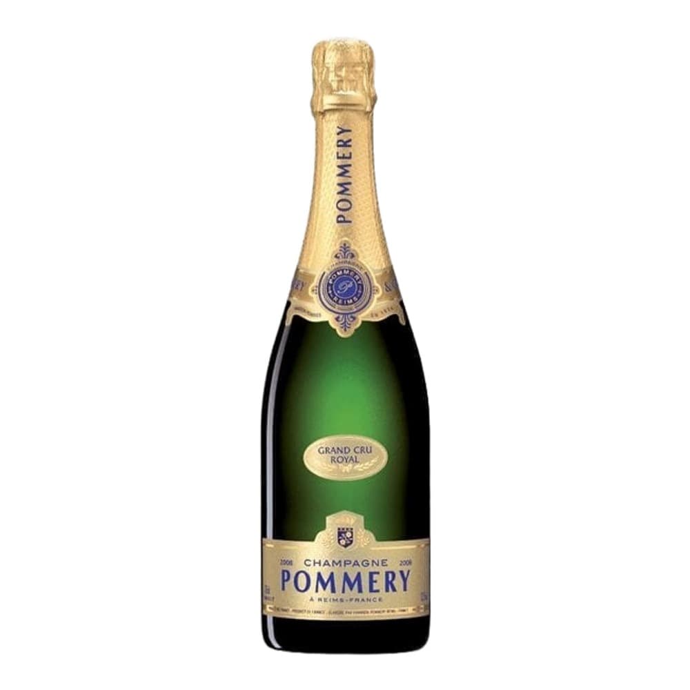 A bottle of Pommery Champagne Grand Cru Royal against a white background with a gold foil top and green glass bottle.