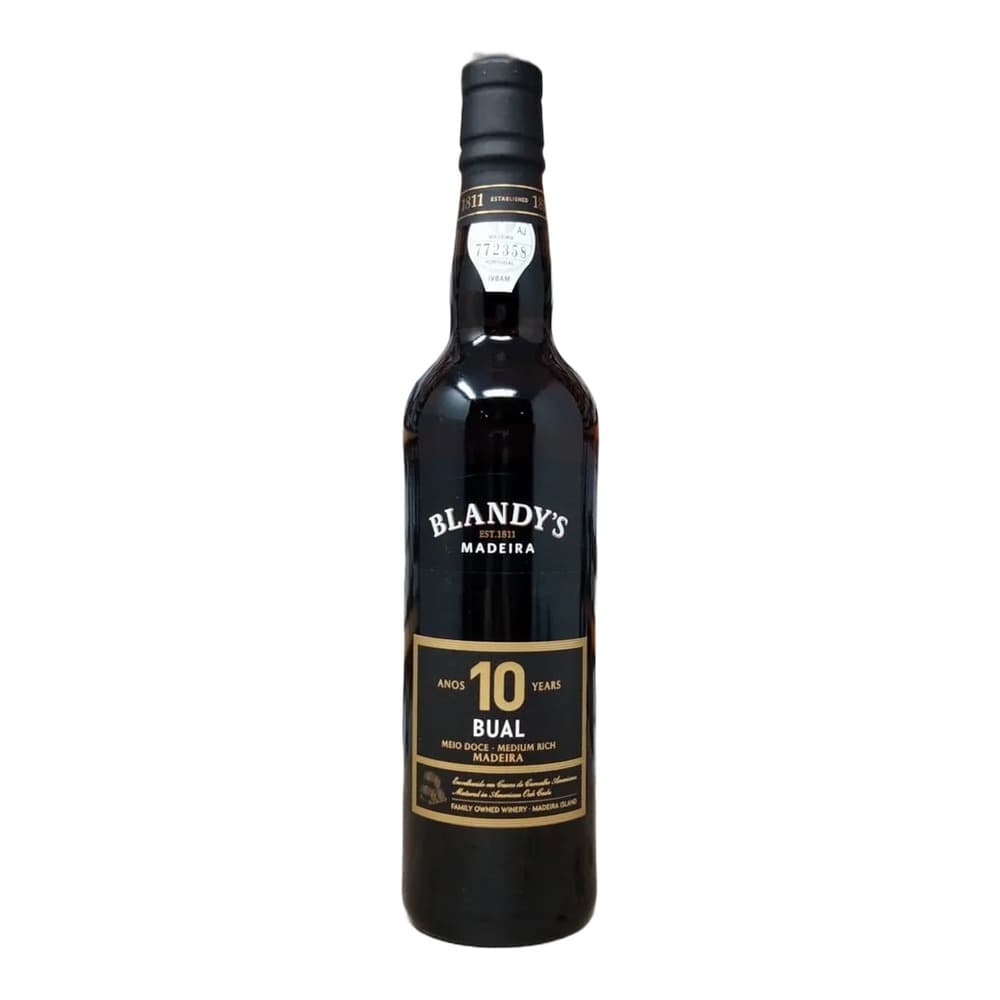 A bottle of Blandy's Madeira 10 Years Bual fortified wine against a white background.