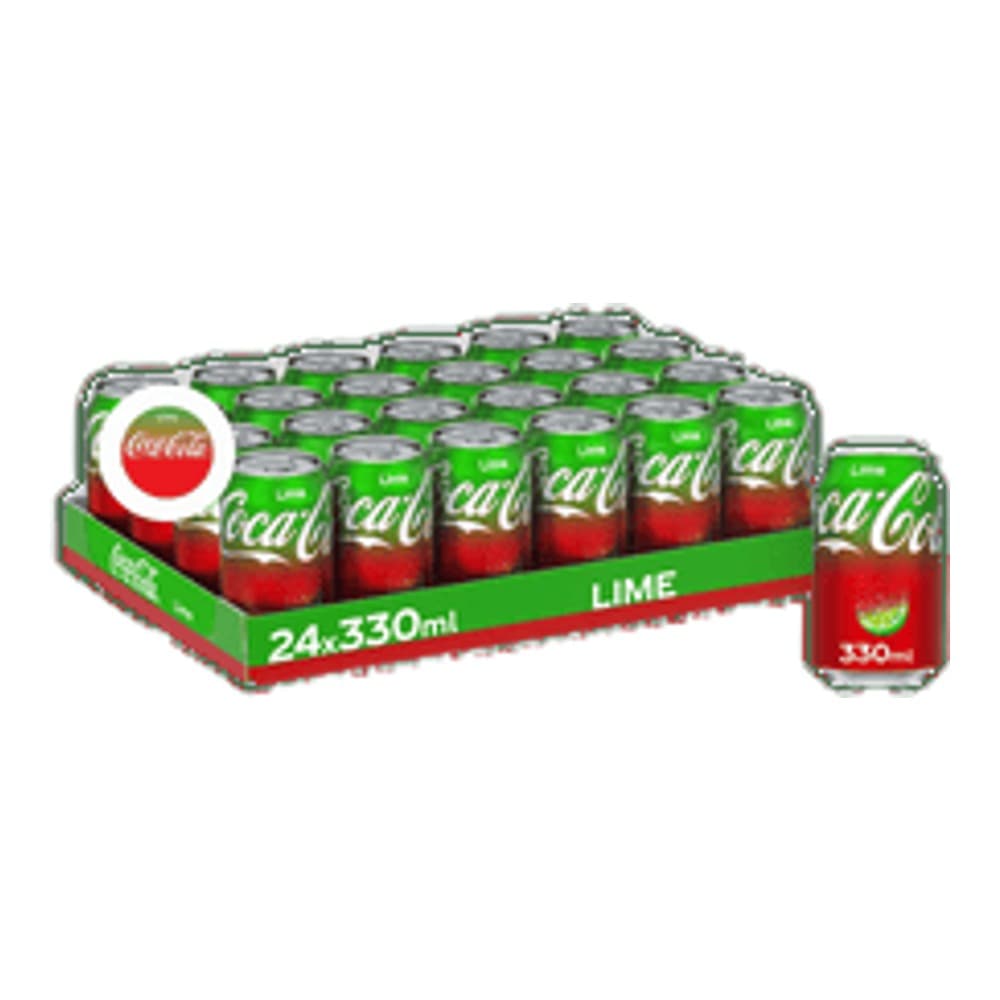 Cardboard display box of 24 Coca-Cola Lime 330ml cans arranged in rows with one individual can shown in front on a white background.