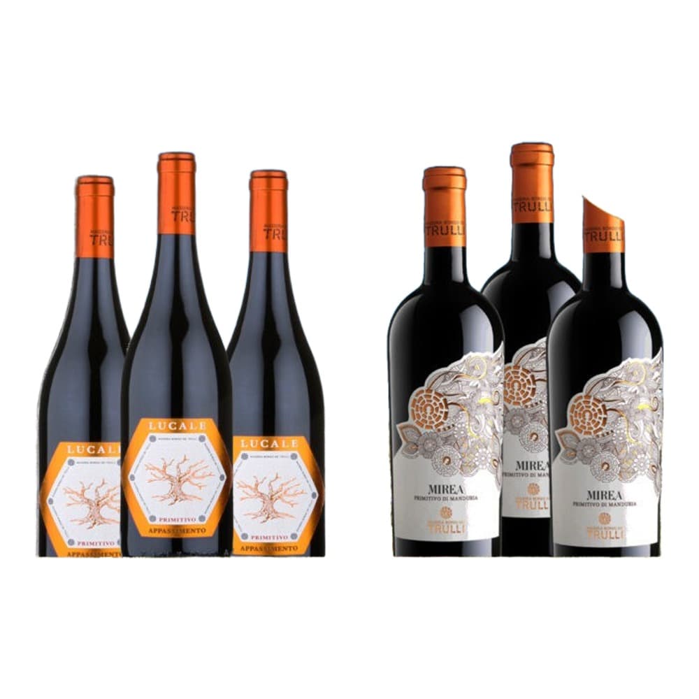 Six bottles of Borgo dei Trulli wine displayed outdoors with a yellow brand signage, featuring orange-labelled Primitivo wines on the left and dark-labelled Mirea wines on the right, with a vineyard landscape in the background and a gold circular price badge reading 'A SOLI 100€'.