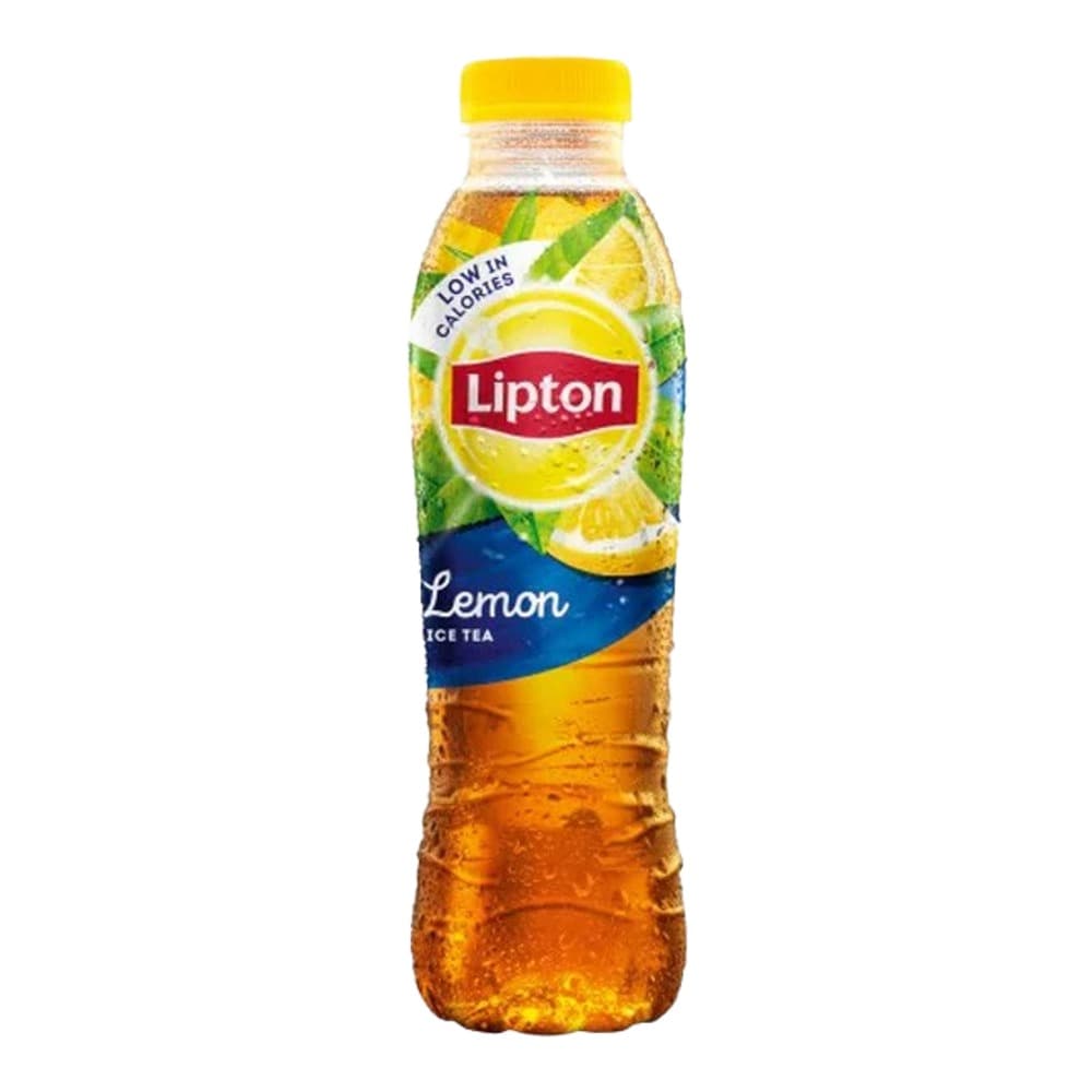 Lipton Lemon Ice Tea bottle with yellow cap on white background, featuring lemon imagery and low calorie branding