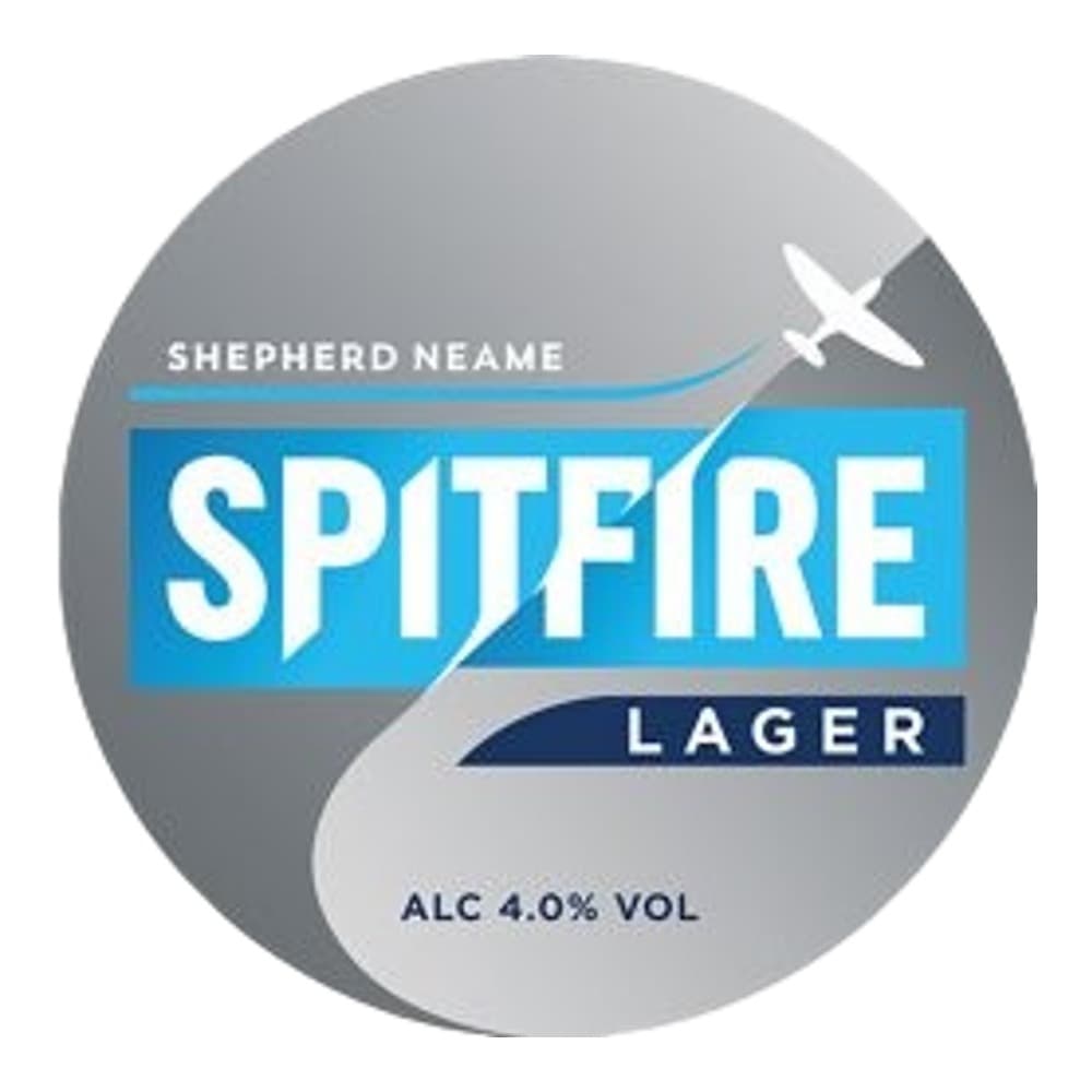 Spitfire Lager beer label on a circular grey background, featuring a white aeroplane design and blue branding banner with 4.0% ABV notation.